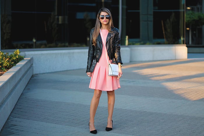 French connection helkan ruffle dress, h&m leather jacket, banana republic adelia pump, zara crossbody bag, wonderland stateline sunglasses