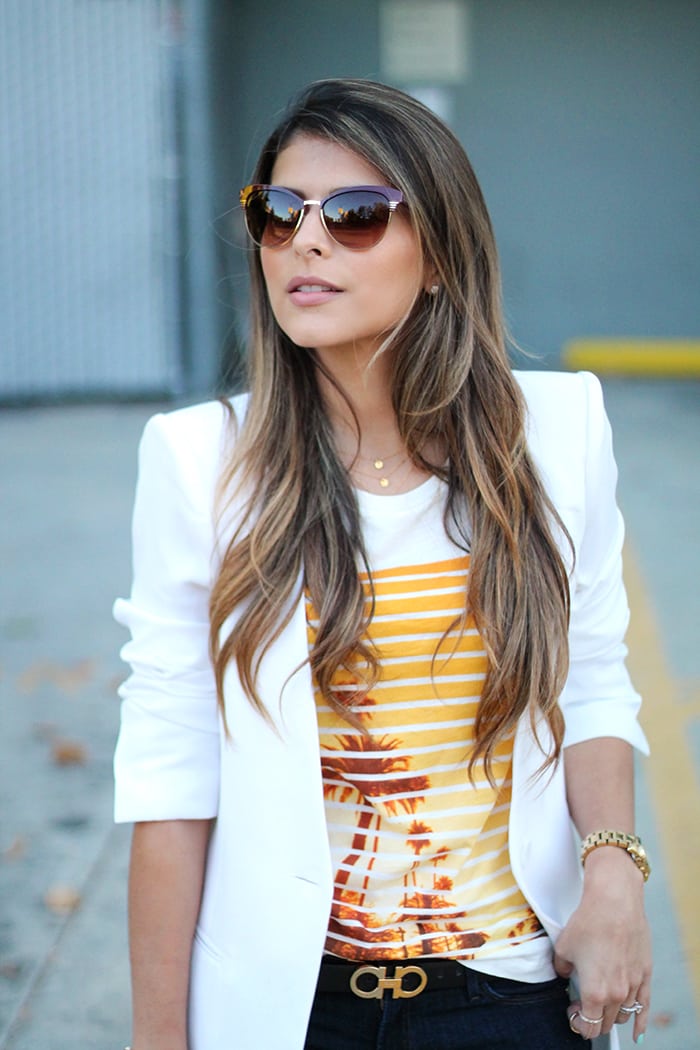 j.crew printed top, marciano the skinny no.61, forever21 white blazer, marc by marc jacobs sunglasses, ferragamo belt, christian loubotin pumps, leopard clutch, express leopard clutch, pam hetlinger, the girl from panama