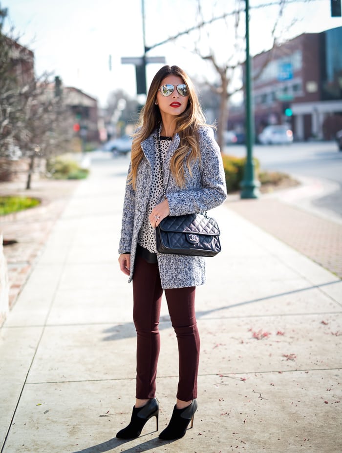 Gray Coat - Leopard Print Top - Burgundy Jeans