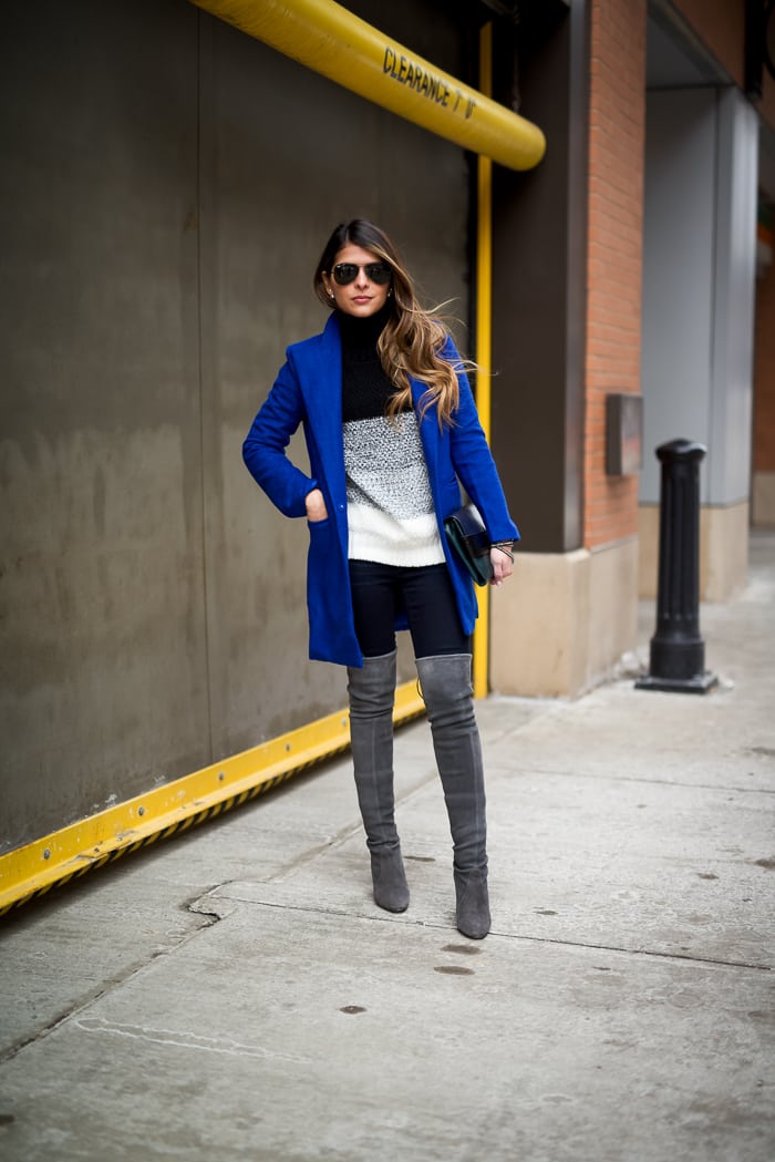 Cobal Coat, Color Block Sweater, Over-the-knee boots