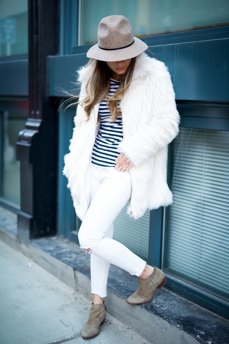 Faux Fur Coat, Stripes & White Ripped Denim