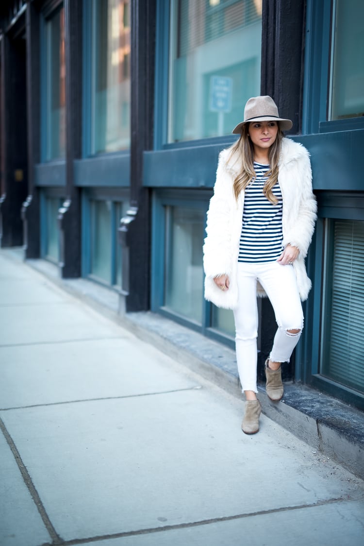 Faux Fur Coat, Stripes & White Ripped Denim