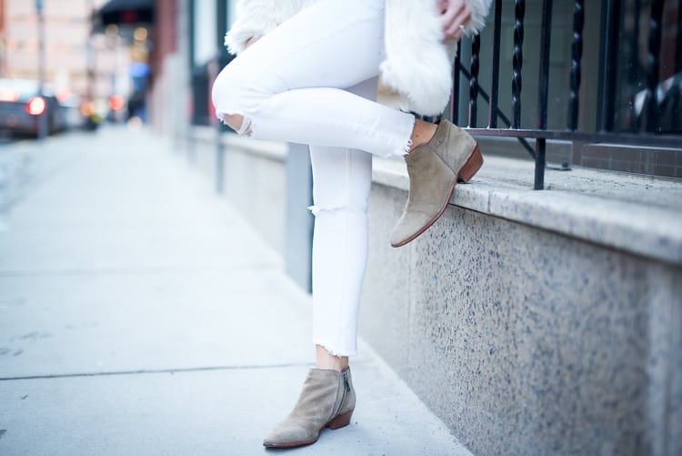 Faux Fur Coat, Stripes & White Ripped Denim