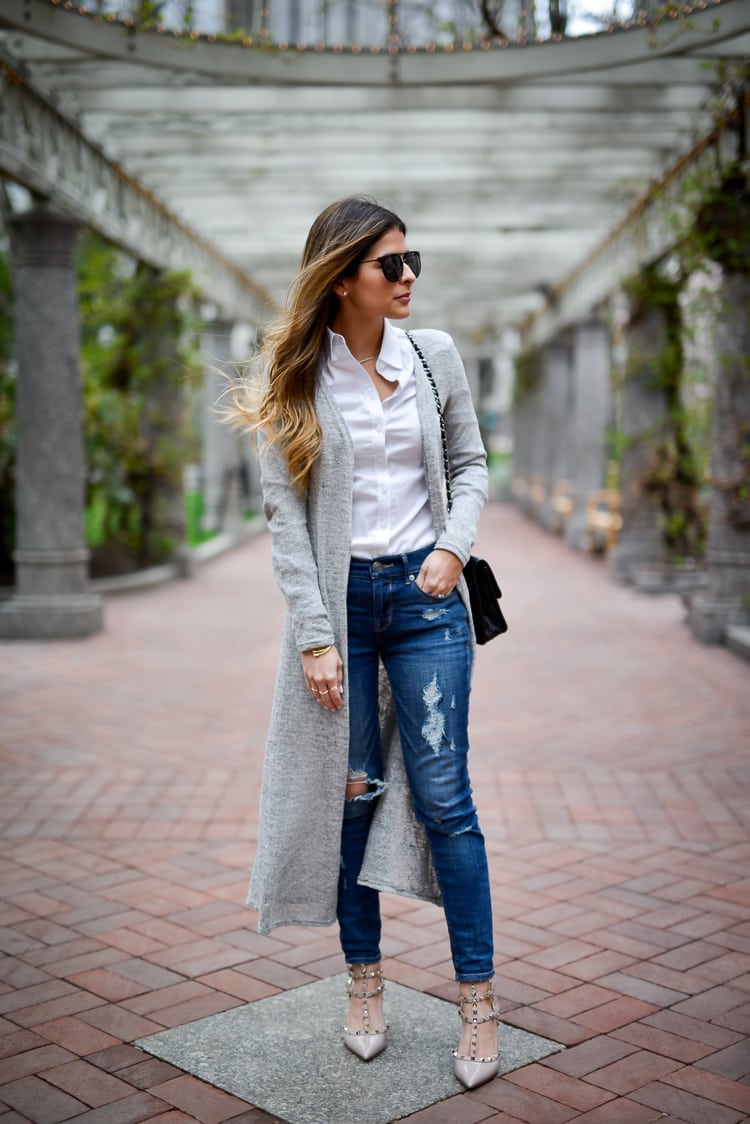 Ripped jeans and store cardigan