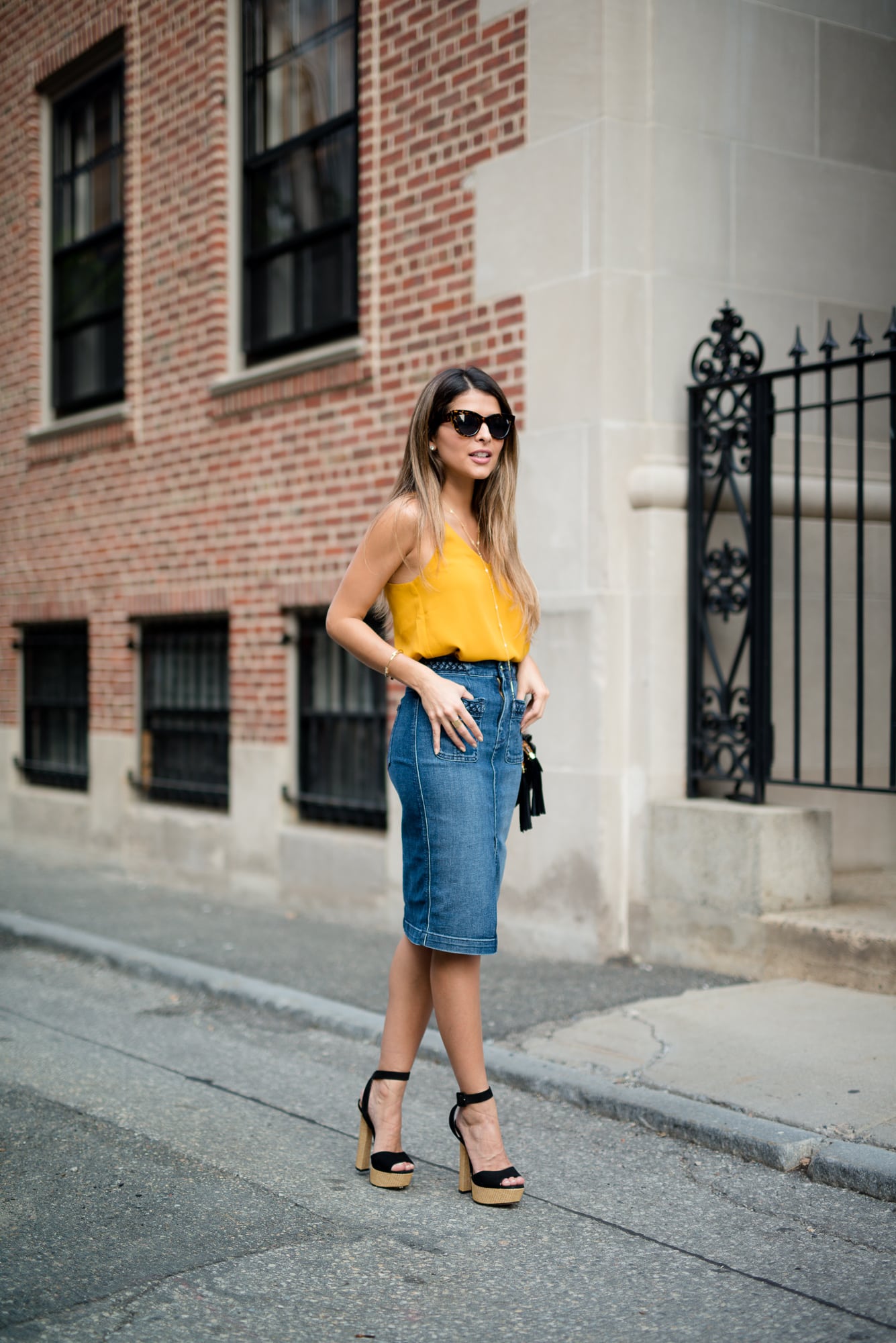 Denim skirt store and yellow top