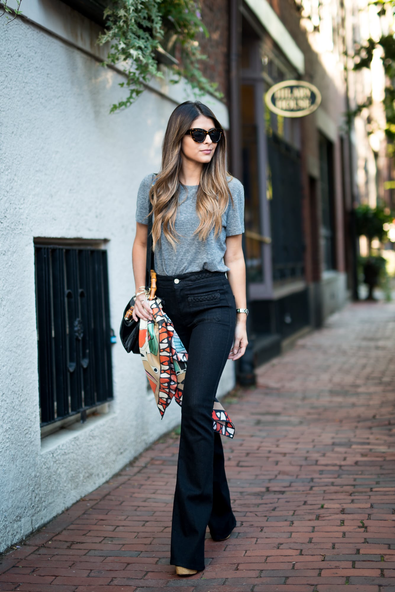 Pam Hetlinger wearing a Chicory Silk Scarf - 7 For All Mankind Braided BRAIDED HIGH WAIST FLARE IN TRUE BLACK - Schutz Amatista - Forever 21 Grey Tee - Pam Hetlinger - The Girl From Panama