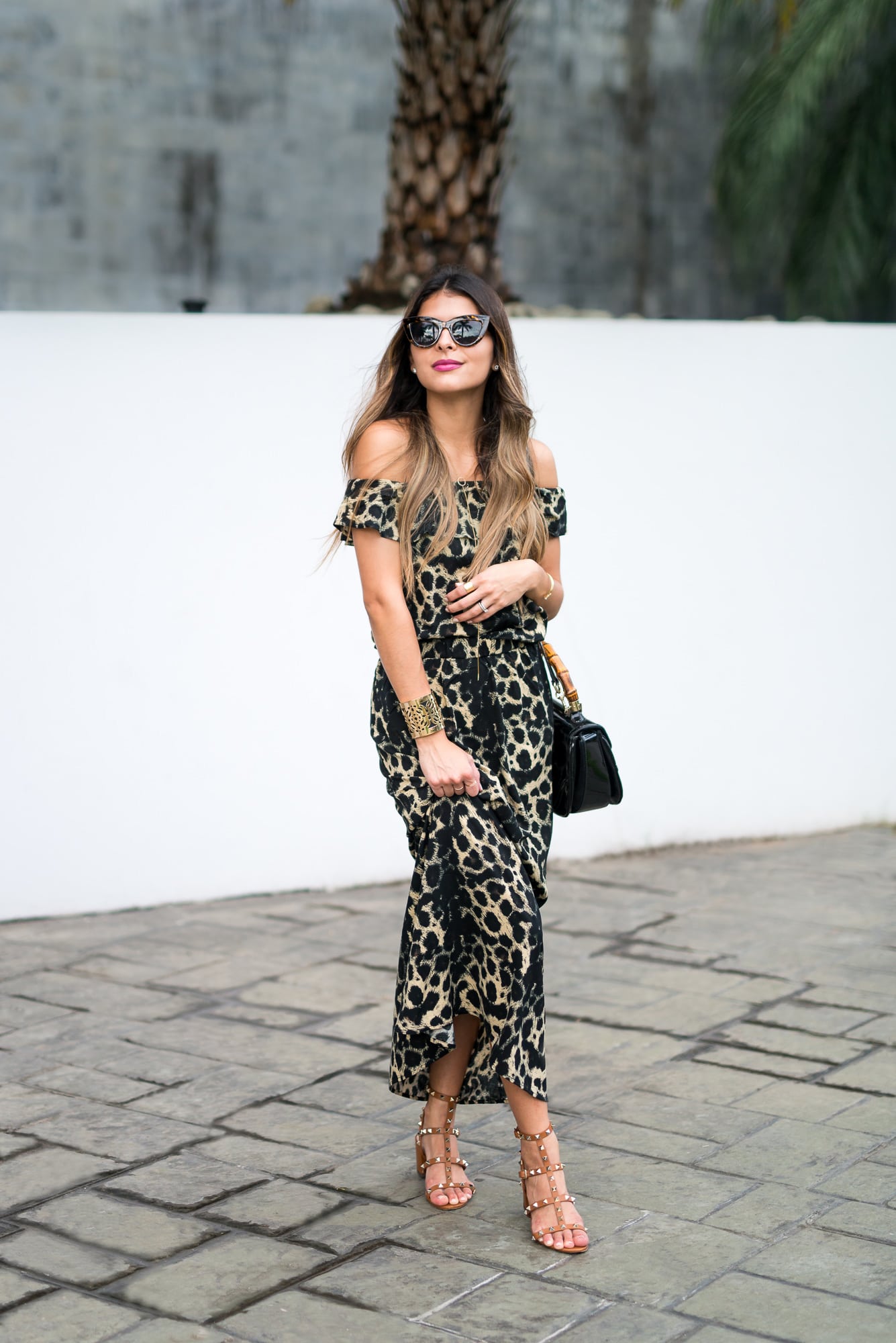 Vero Moda -Leopard -Print -Off -The- Shoulder -Maxi-Dress-Valentino-Rockstud-Sandals- Gucci-Bamboo Bag - Pam- Hetlinger- The- Girl - From- Panama
