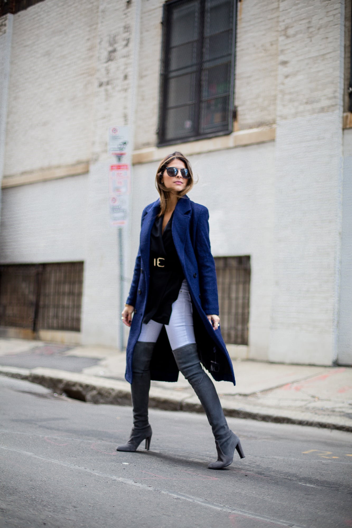 Wrap Tunic Blouse, Navy Coat, White Jeans, Stuart Weitzman Highland Over-the-knee Boots, Pam Hetlinger | The Girl From Panama