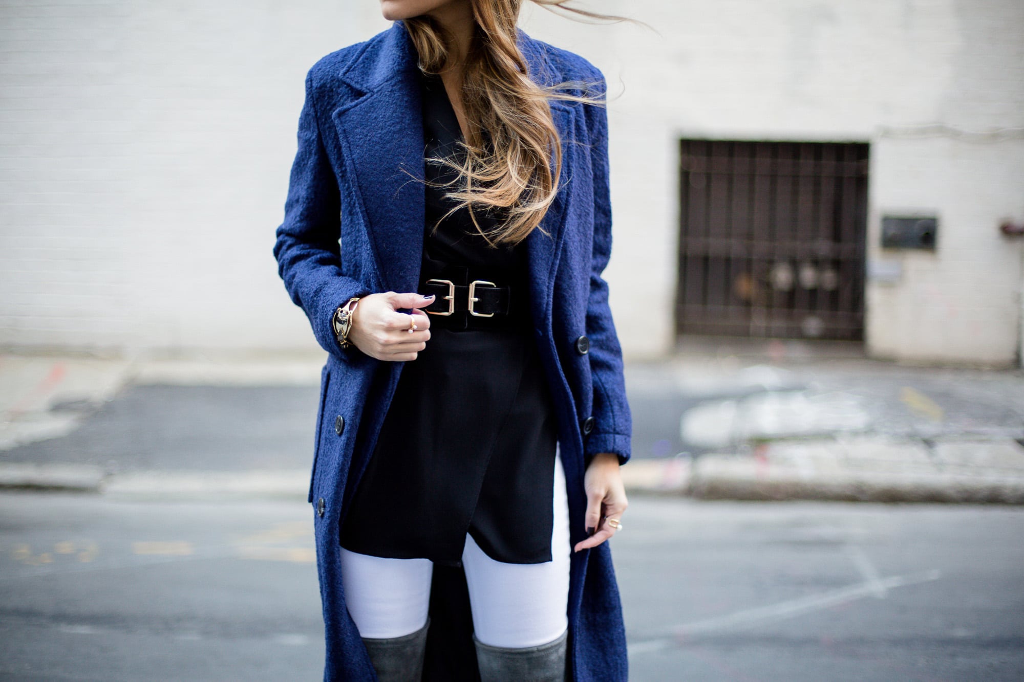 Wrap Tunic Blouse, Navy Coat, White Jeans, Stuart Weitzman Highland Over-the-knee Boots, Pam Hetlinger | The Girl From Panama