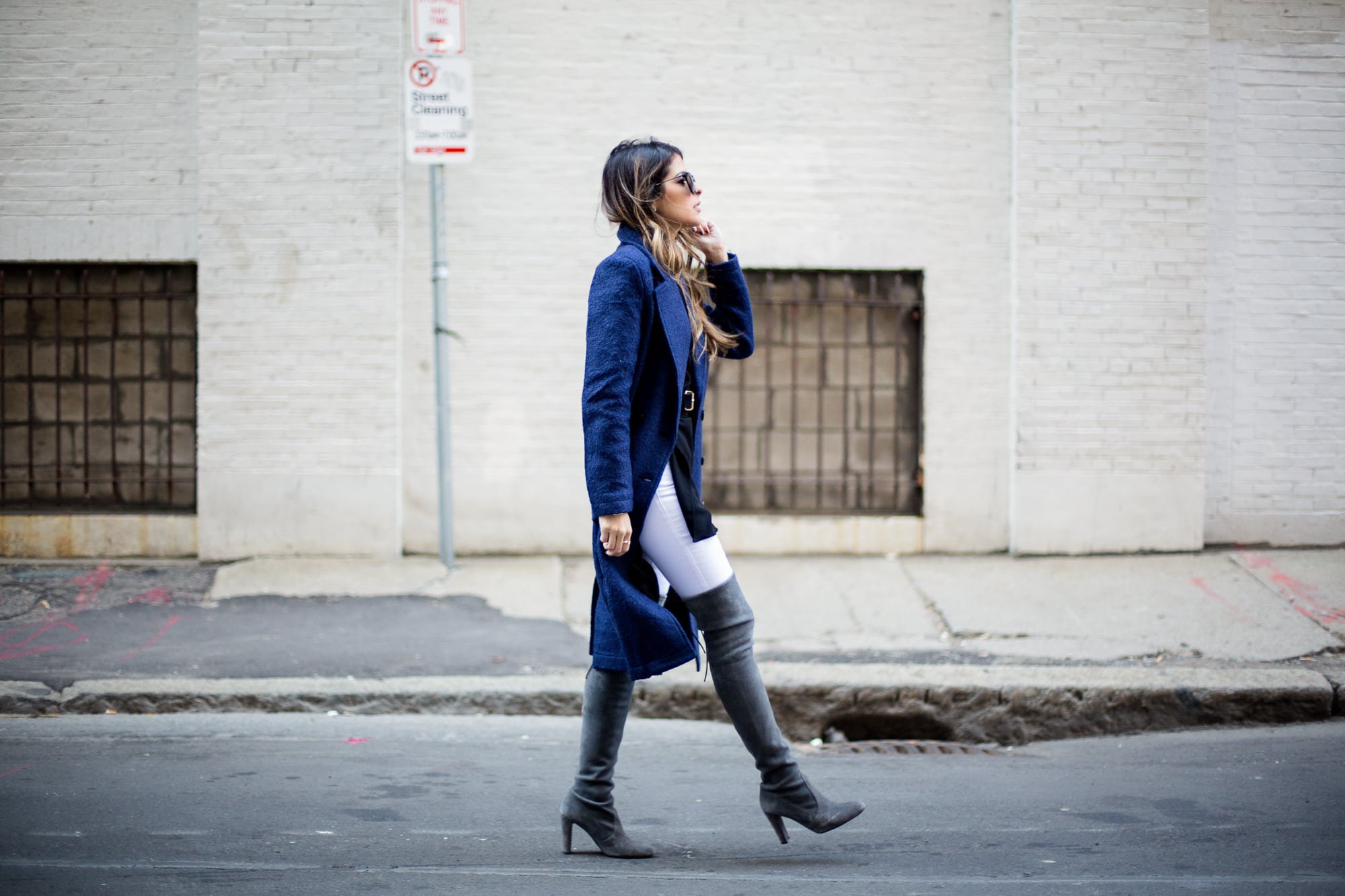 Wrap Tunic Blouse, Navy Coat, White Jeans, Stuart Weitzman Highland Over-the-knee Boots, Pam Hetlinger | The Girl From Panama