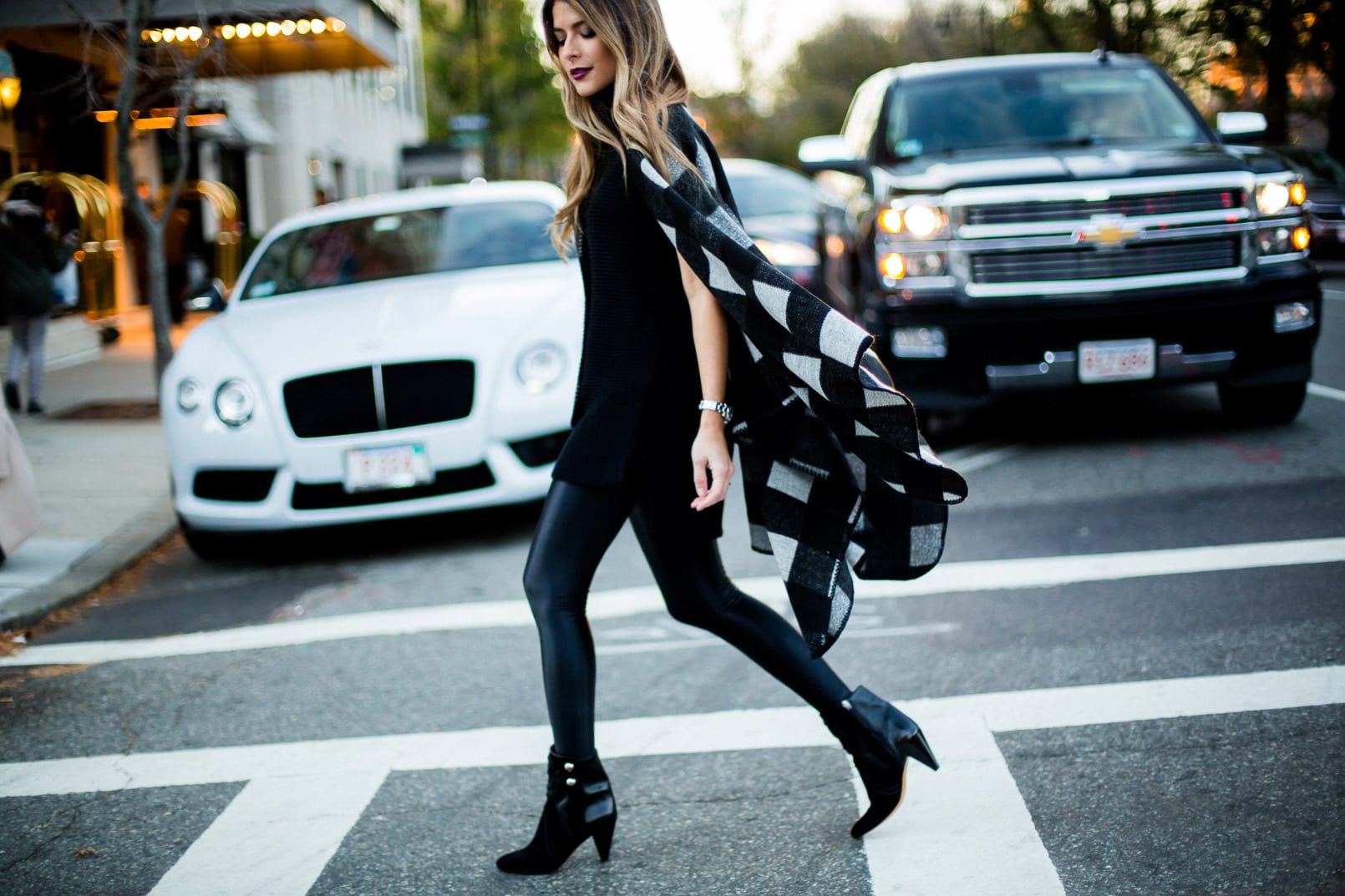 Pam Hetlinger wearing Carbon 38 leggings, Glamorous Cape and Isabel Marant Farrah Booties. Double Duty Workout Clothes.