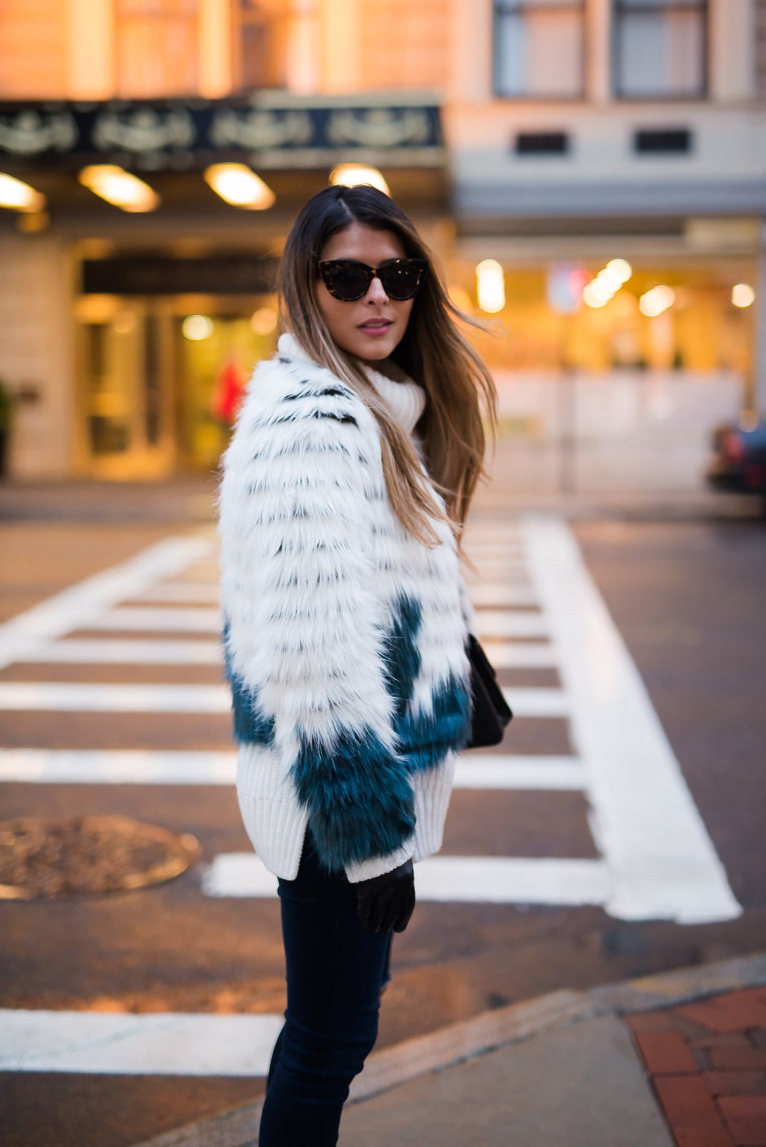 Pam Hetlinger wearing a Glamorous Faux Fur Jacket, Topshop Jeans, Aldo booties, Chanel French Riviera Flap and Asos Leather Gloves.