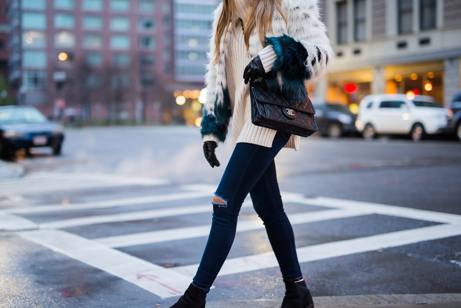 Pam Hetlinger wearing a Glamorous Faux Fur Jacket, Topshop Jeans, Aldo booties, Chanel French Riviera Flap and Asos Leather Gloves.