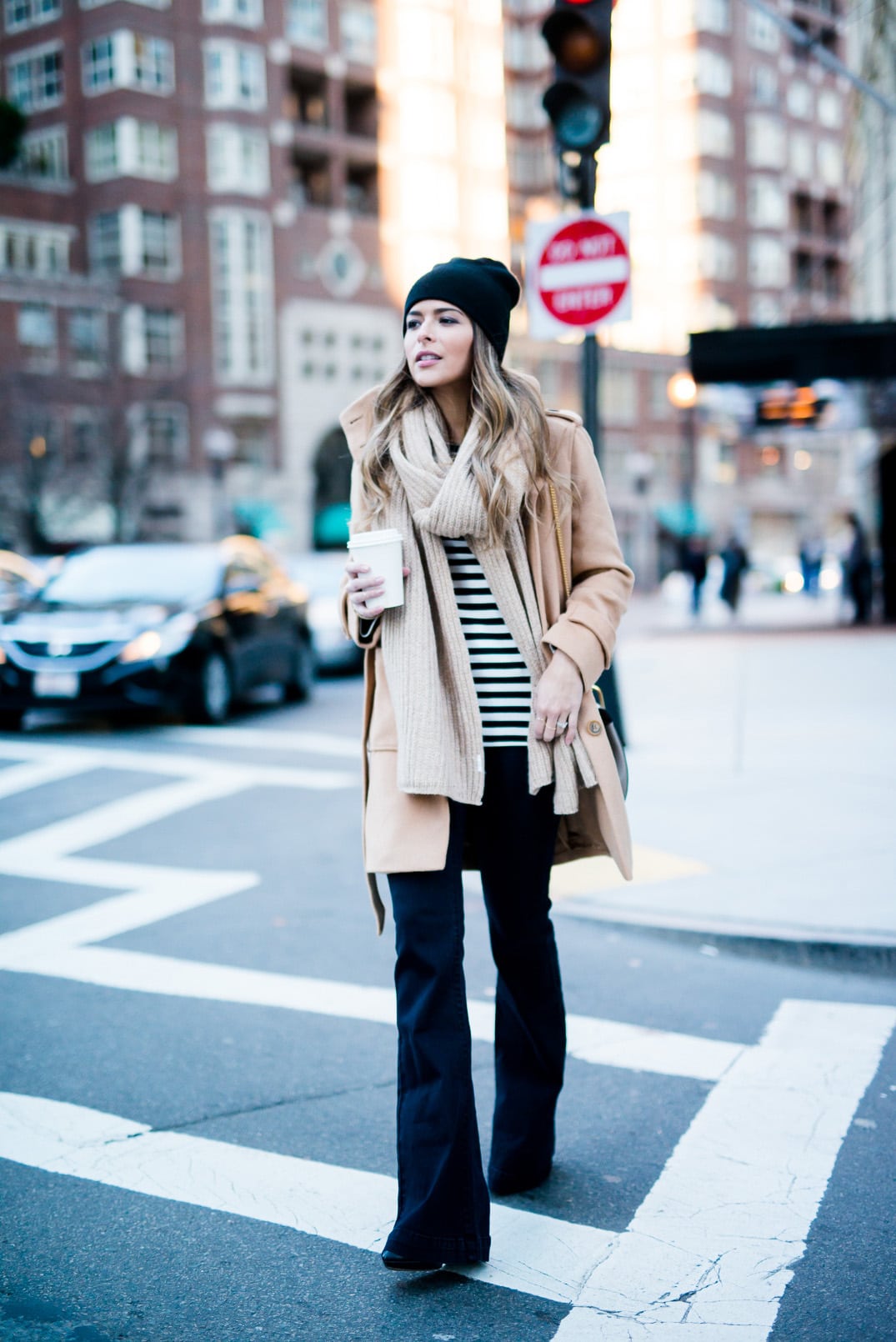 Pam Hetlinger wearing Loft Camel Coat, Joe Fresh Striped Sweater, Glamorous Flare Jeans, Forever 21 Black Beanie, Chloe Drew Bag, and Forever 21 Scarf