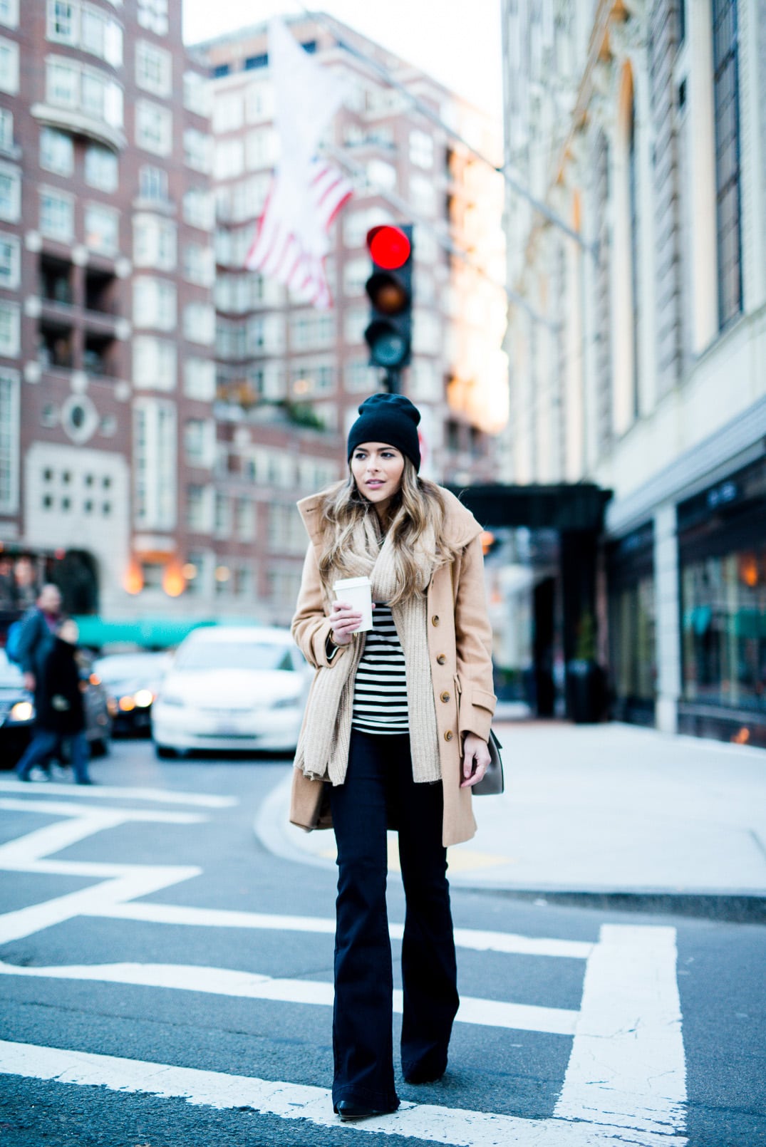 Pam Hetlinger wearing Loft Camel Coat, Joe Fresh Striped Sweater, Glamorous Flare Jeans, Forever 21 Black Beanie, Chloe Drew Bag, and Forever 21 Scarf