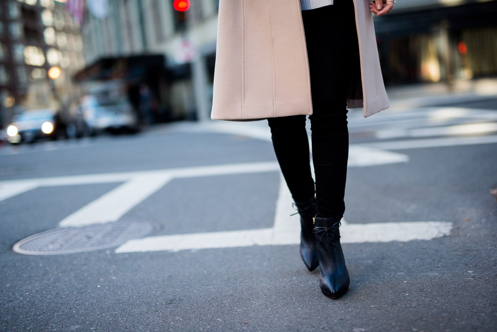 Pam Hetlinger wearing a Reiss Collar Coat, Reiss Wool Jumper, Reiss Skinny Jeans, Reiss Mini Box Bag and Reiss Bow Detail Ankle Bootie.