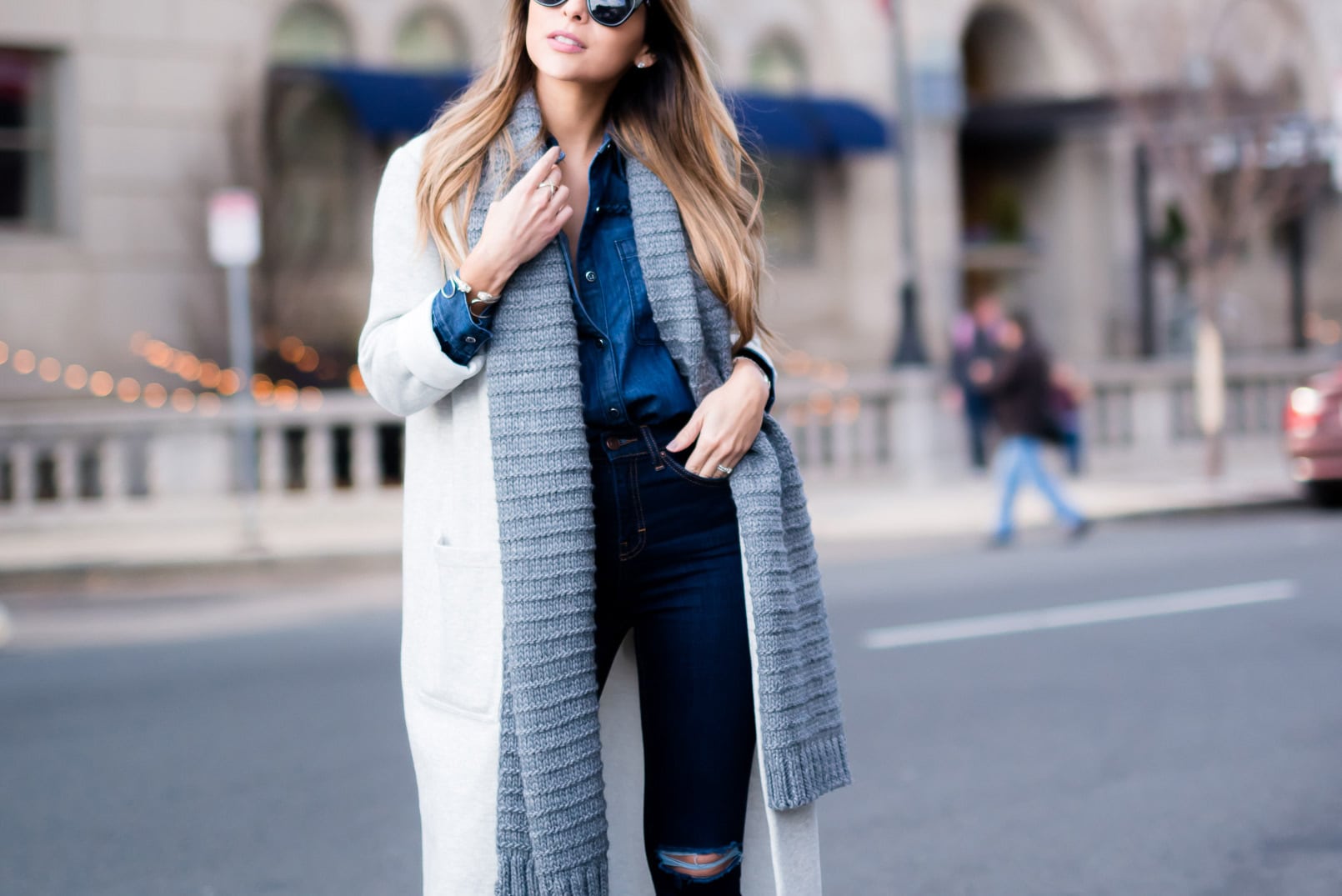 Pam Hetlinger wearing denim on denim, 7 for all mankind denim shirt, topshop denim, forever 21 grey coat and grey knit scarf.