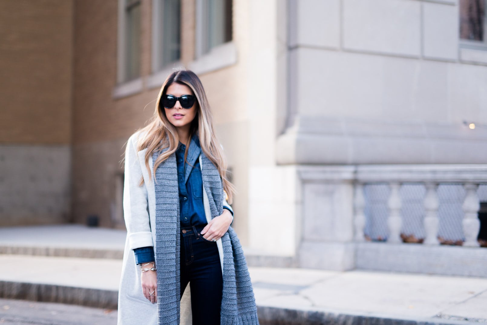 Pam Hetlinger wearing denim on denim, 7 for all mankind denim shirt, topshop denim, forever 21 grey coat and grey knit scarf.