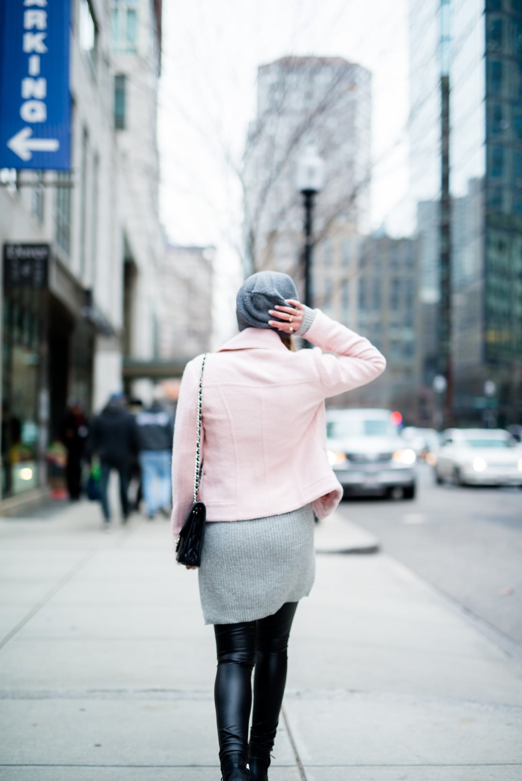 Pam Hetlinger in Boston wearing a cold weather outfit idea, Asos Pink Jacket, Faux Leather Leggings, Reiss Boots, BP Grey Beanie, Chanel French Riviera Flap and Grey Sweater