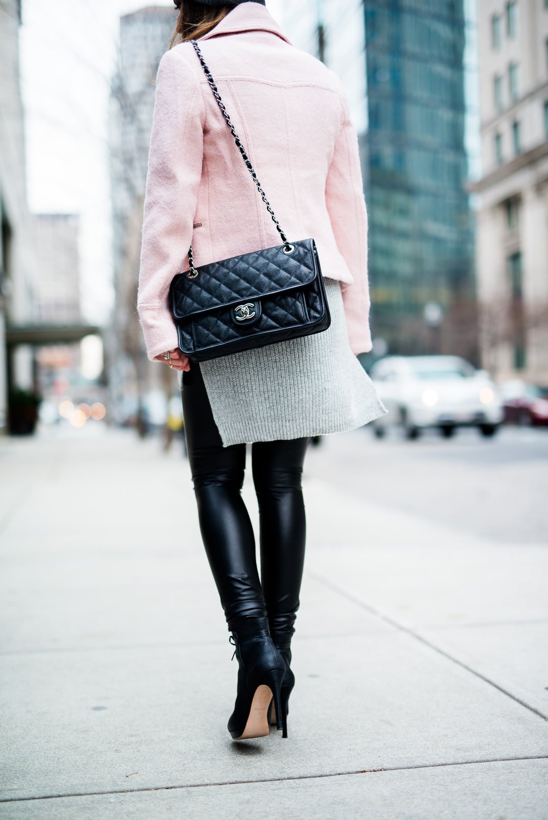 Pam Hetlinger in Boston wearing a cold weather outfit idea, Asos Pink Jacket, Faux Leather Leggings, Reiss Boots, BP Grey Beanie, Chanel French Riviera Flap and Grey Sweater