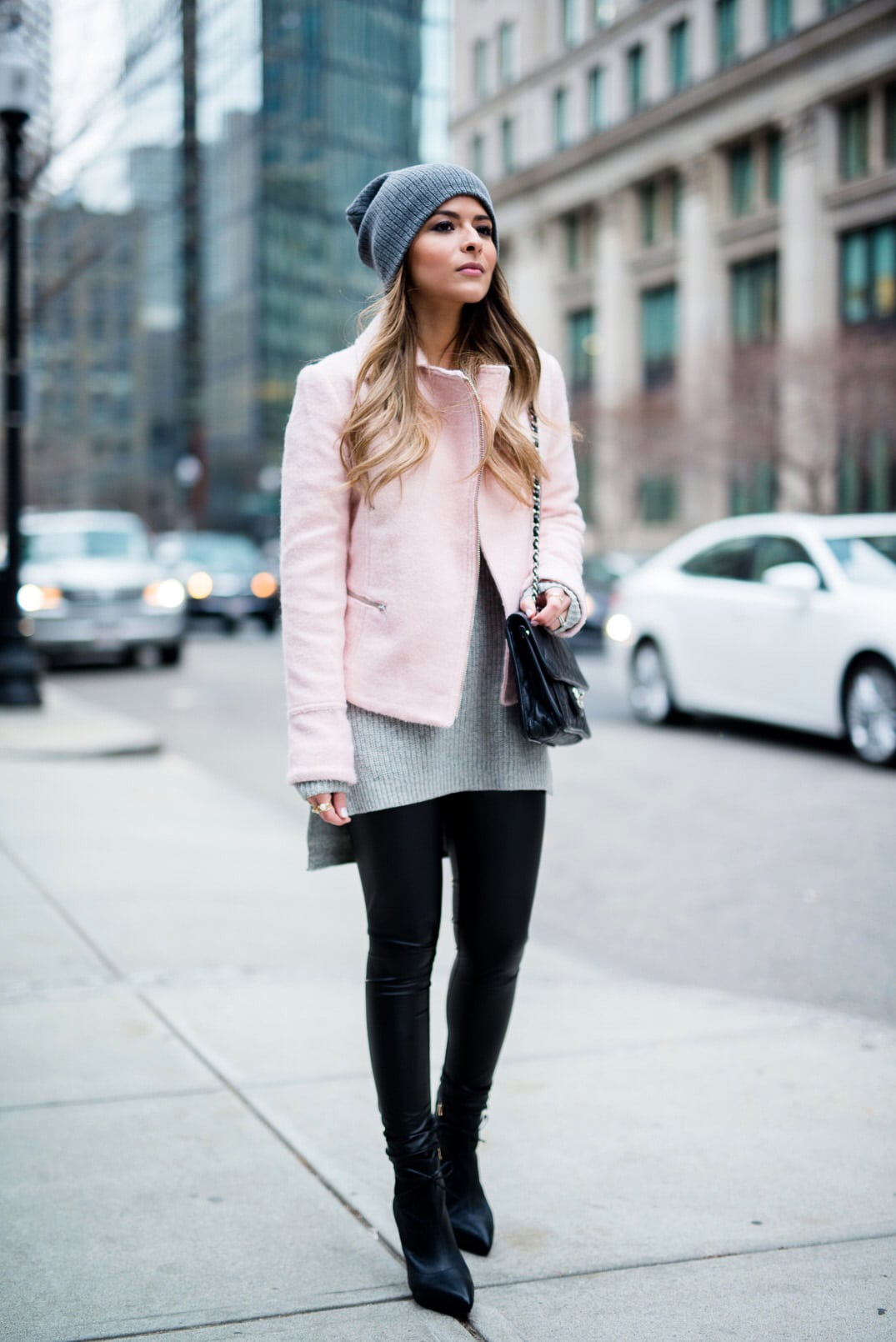Asos Pink Jacket, Faux Leather Leggings, Reiss Boots, BP Grey Beanie,  Chanel French Riviera Flap, Grey Sweater, Boston-3 - The Girl from Panama