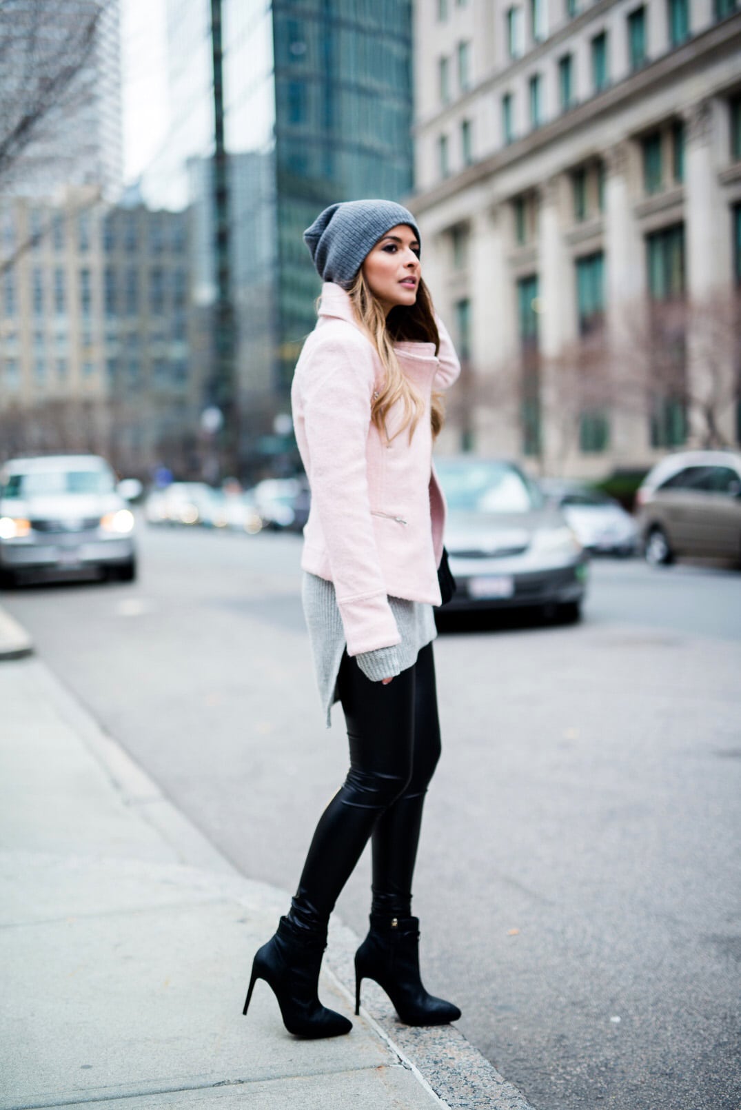 Pam Hetlinger in Boston wearing a cold weather outfit idea, Asos Pink Jacket, Faux Leather Leggings, Reiss Boots, BP Grey Beanie, Chanel French Riviera Flap and Grey Sweater