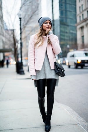 Pam Hetlinger in Boston wearing a cold weather outfit idea, Asos Pink Jacket, Faux Leather Leggings, Reiss Boots, BP Grey Beanie, Chanel French Riviera Flap and Grey Sweater