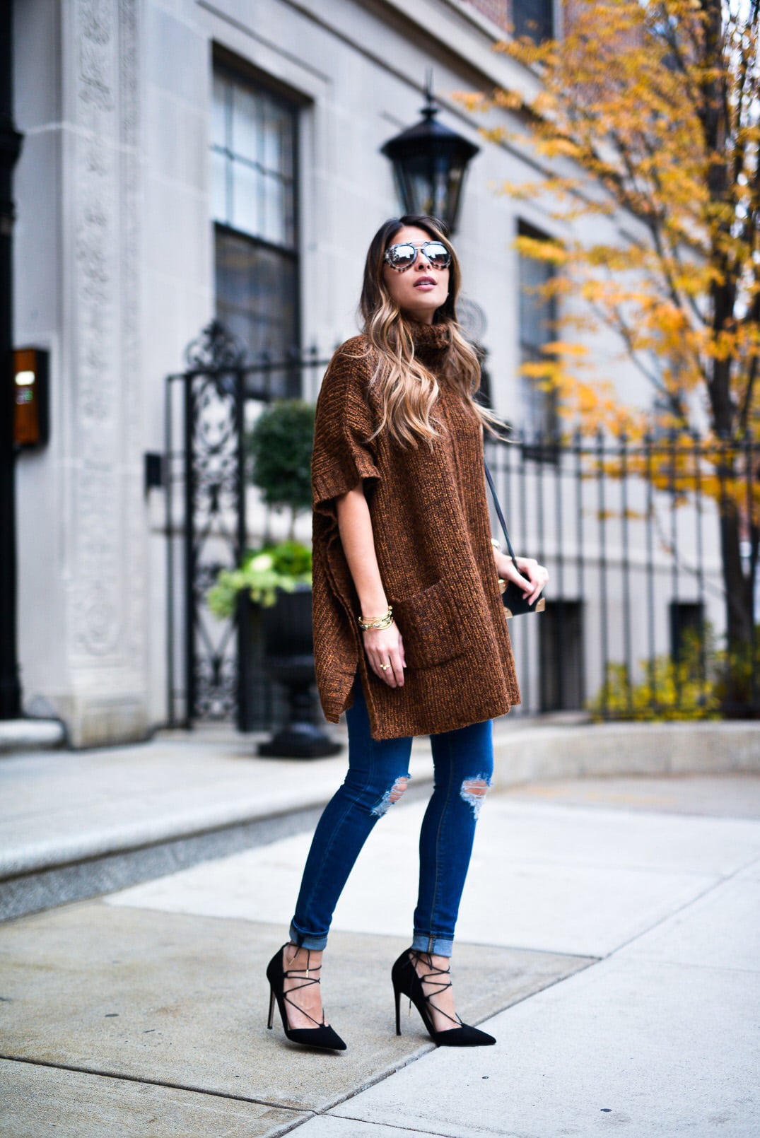 Pam Hetlinger wearing Asos Poncho, Asos Jeans, Lace-up heels