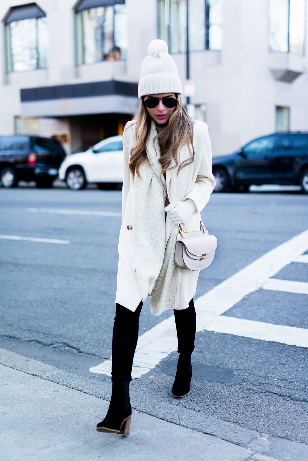 Pam Hetlinger, The Girl From Panama wearing a Chicwish Coat, Camel Turtleneck, Forever21 Pom Pom Beanie, Black Skinny Jeans, Mango booties and Forever 21 Scarf