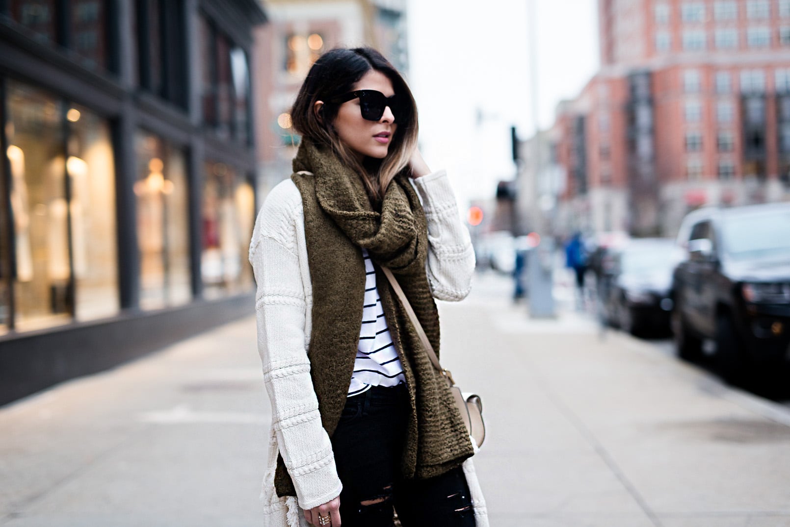 Pam Hetlinger wearing a Mango Striped Tee, Mango Black Booties, DSTLD Black Ripped Jeans, Mango Fringe Cardigan and a Forever 21 Khaki Scarf