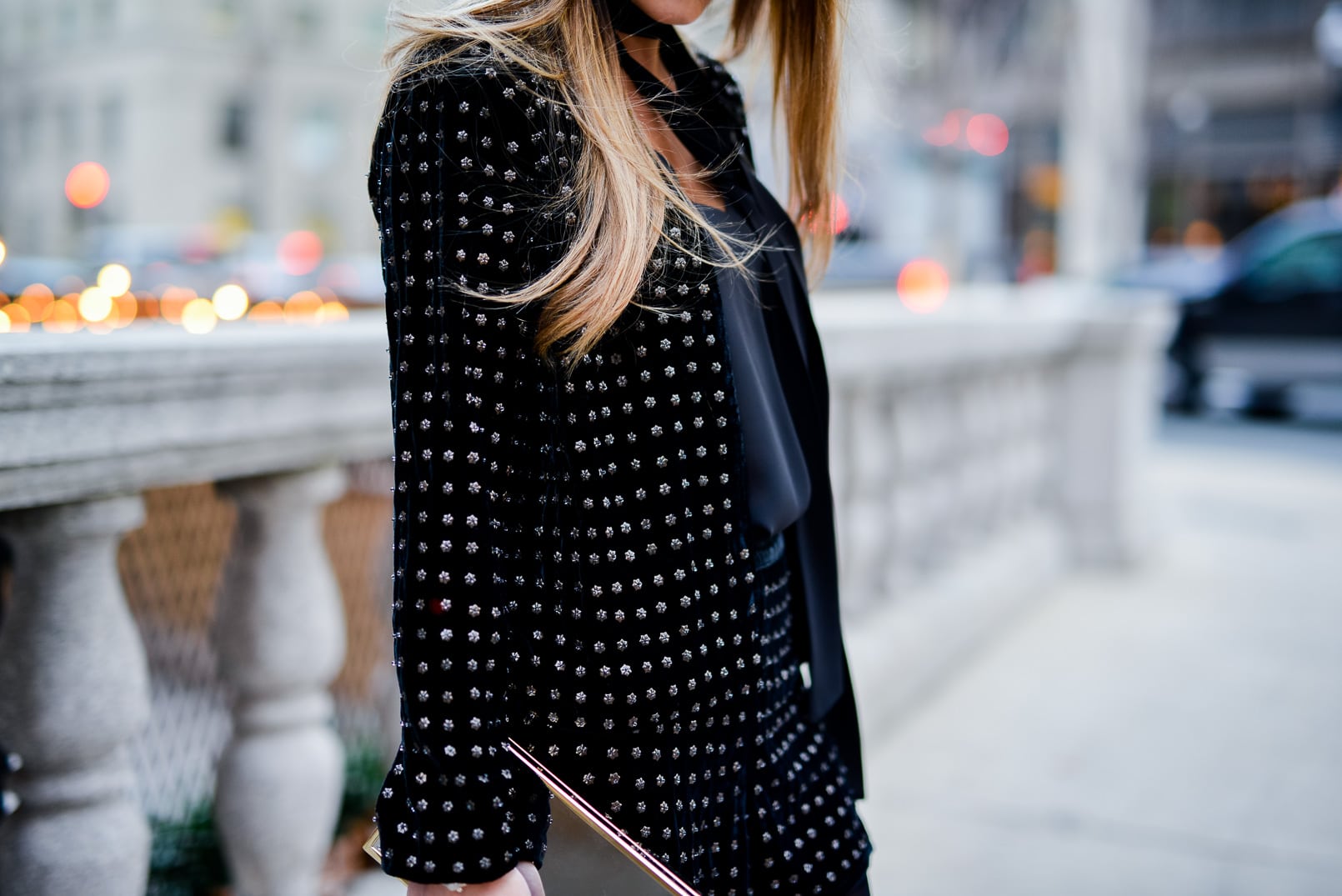 Pam Hetlinger wearing a Topshop Holiday Party Outfit, Velvet studded shorts, velvet studded blazer, skinny scarf and Delman over the knee boots