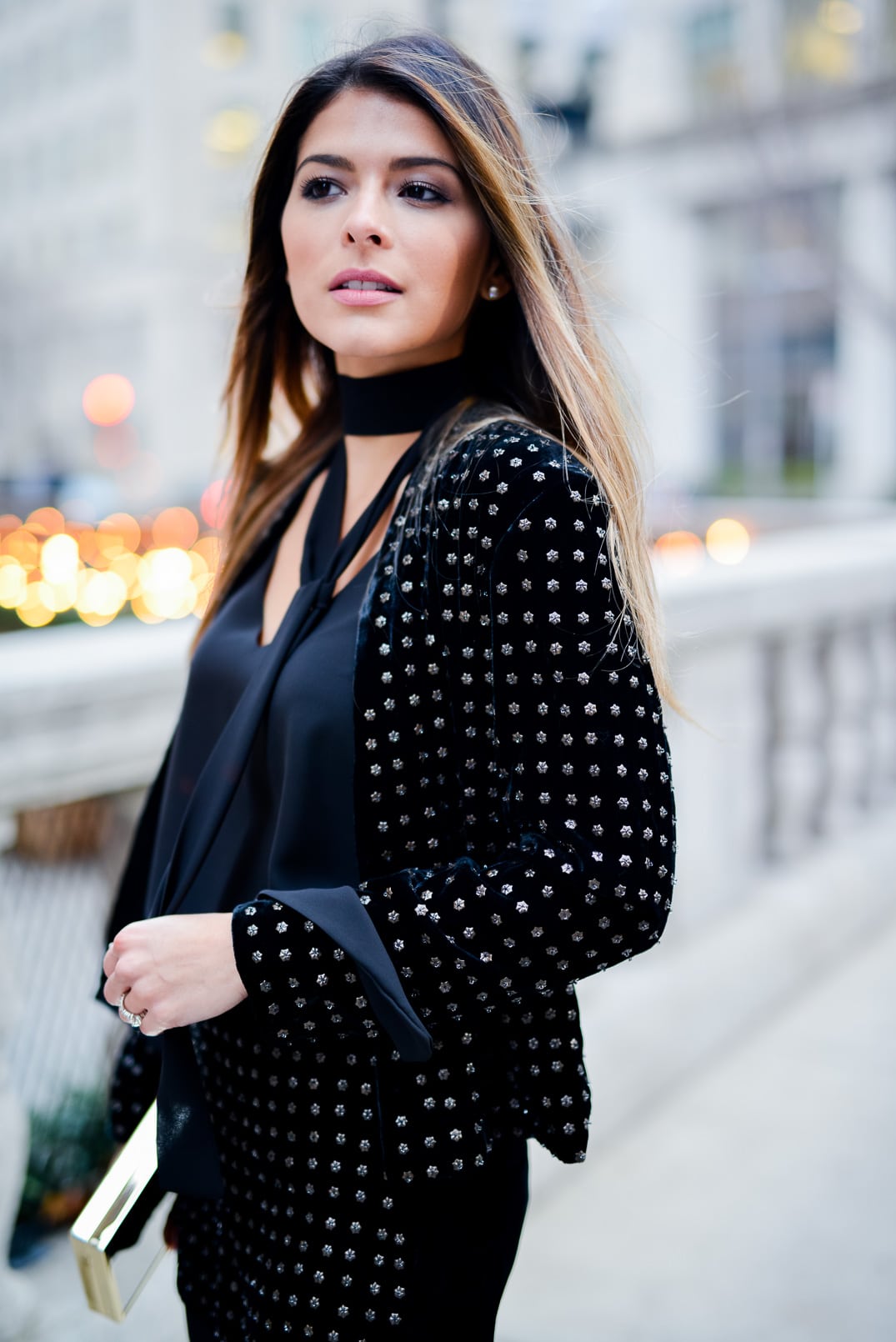 Pam Hetlinger wearing a Topshop Holiday Party Outfit, Velvet studded shorts, velvet studded blazer, skinny scarf and Delman over the knee boots