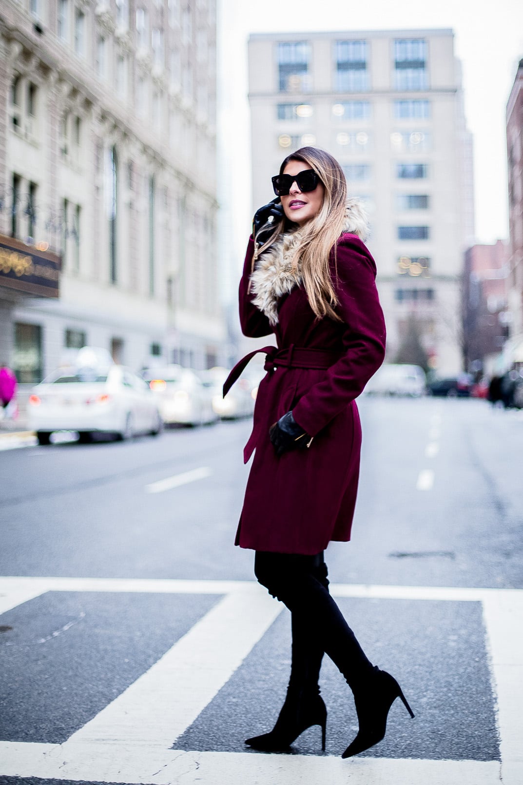 Pam Hetlinger, The Girl From Panama wearing a Faux-Fur Collared Long coat, Faux-leather leggings, delman over the knee boots, and celine sunglasses.