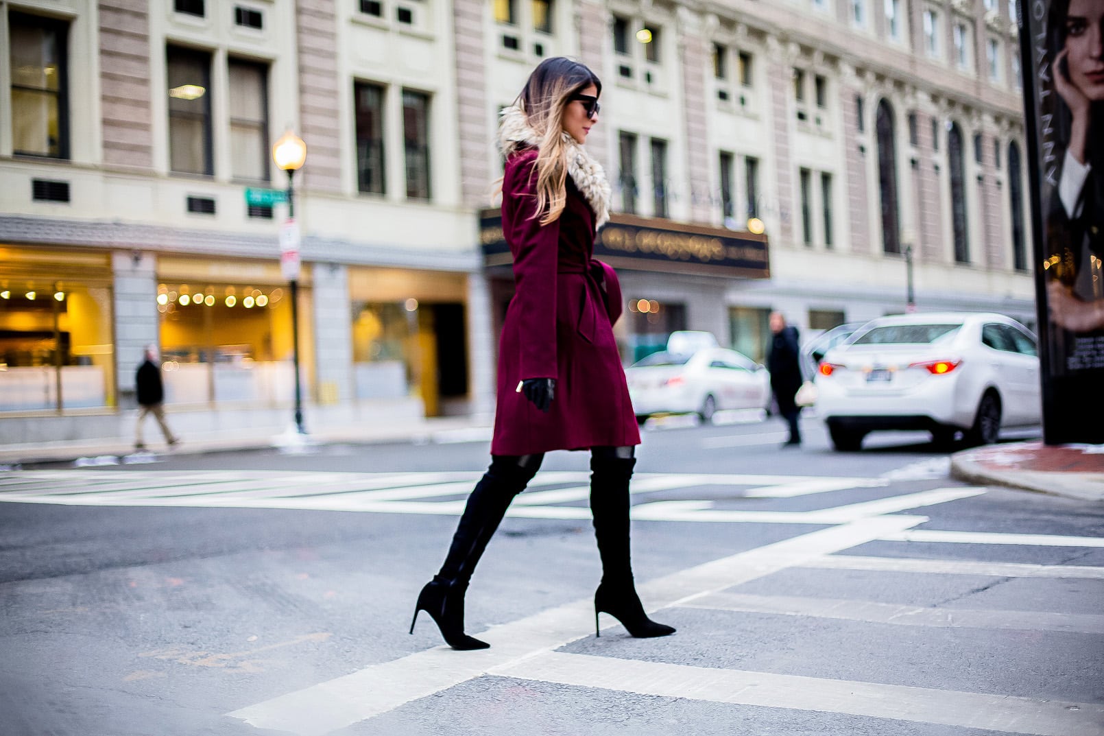 Pam Hetlinger, The Girl From Panama wearing a Faux-Fur Collared Long coat, Faux-leather leggings, delman over the knee boots, and celine sunglasses.