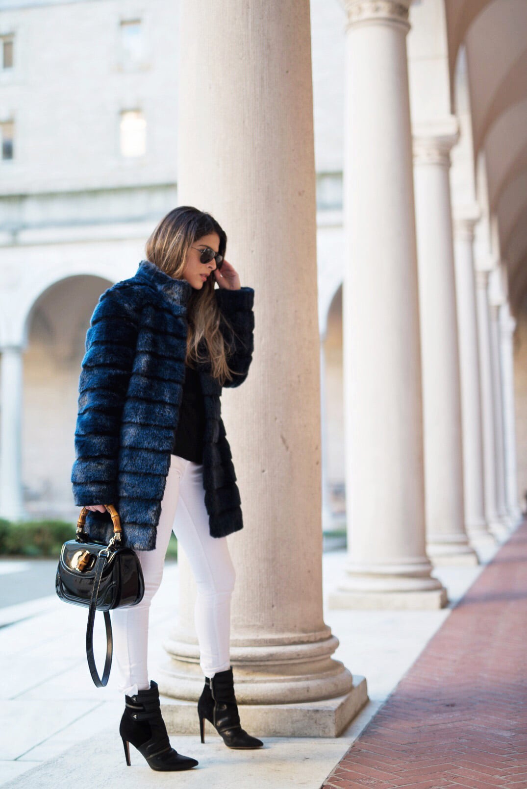 Fashion by mnp black fur coat with blue velvet gucci marmont bag