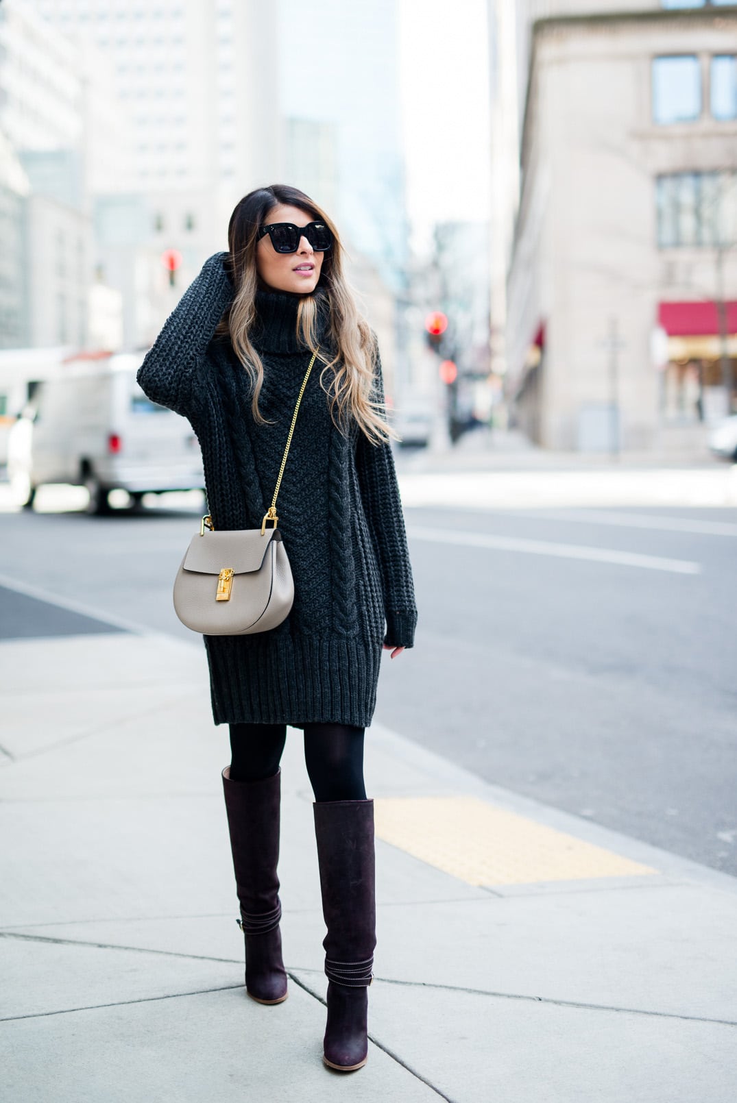 sweater dress tights and boots