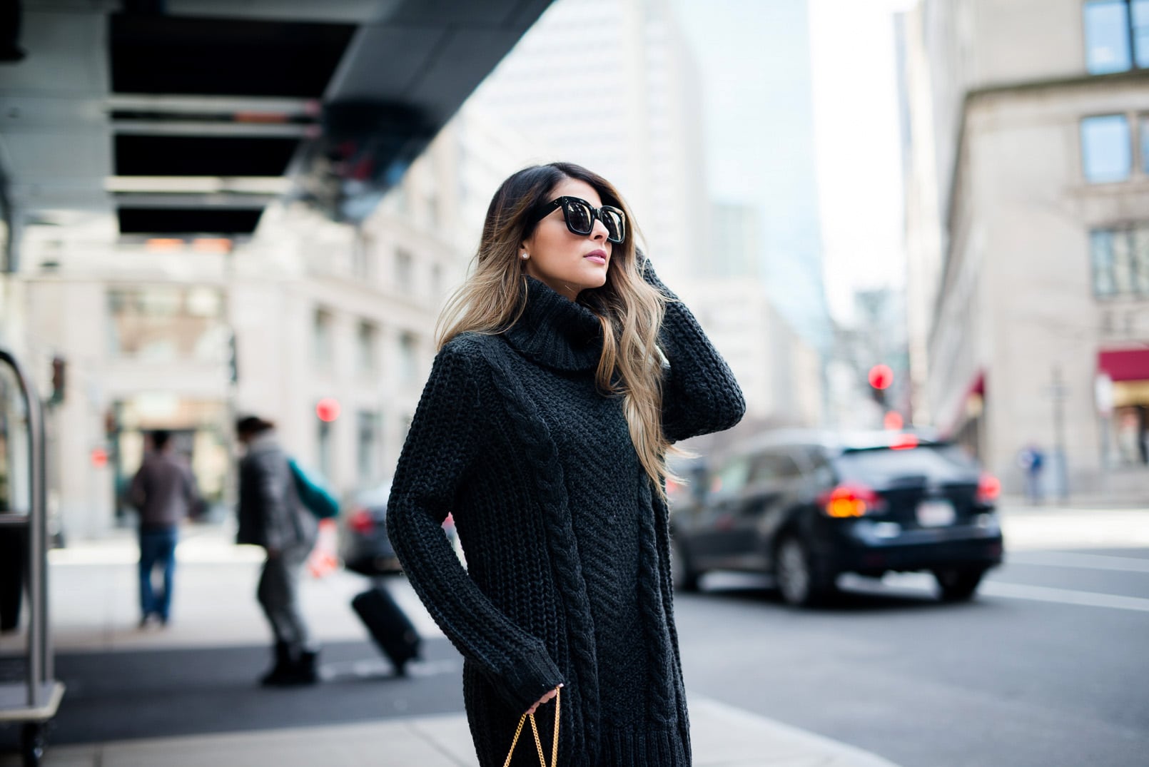 Pam Hetlinger wearing a h&m turtleneck sweater dress, club monaco buckle knee-high boot, celine sunglasses, grey chloe drew bag, and black tights