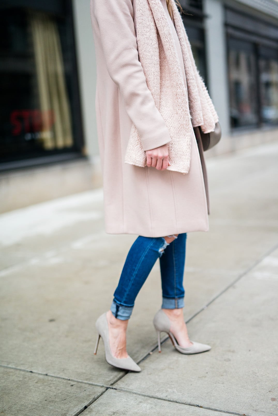 Pam Hetlinger, The Girl From Panama wearing rose quartz color of the year, funnel neck pink coat, asos ripped jeans, schutz grey pumps, celine sunglasses, forever 21 pink scarf, and a chloe drew bag in grey.