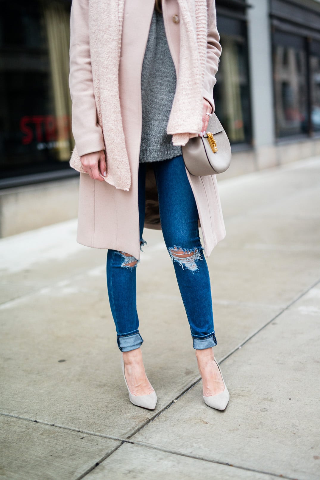 Pam Hetlinger, The Girl From Panama wearing rose quartz color of the year, funnel neck pink coat, asos ripped jeans, schutz grey pumps, celine sunglasses, forever 21 pink scarf, and a chloe drew bag in grey.