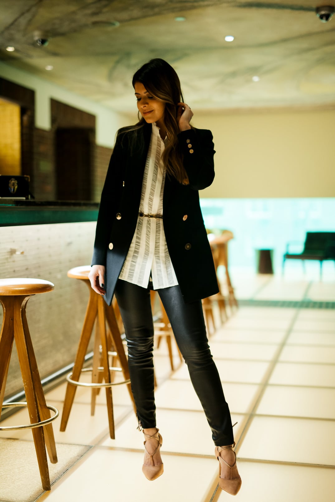 Pam Hetlinger, The Girl From Panama wearing a Reiss double breasted blazer, high neck white shirt, leather leggings and pointed toe blush pumps. New York Fashion Week
