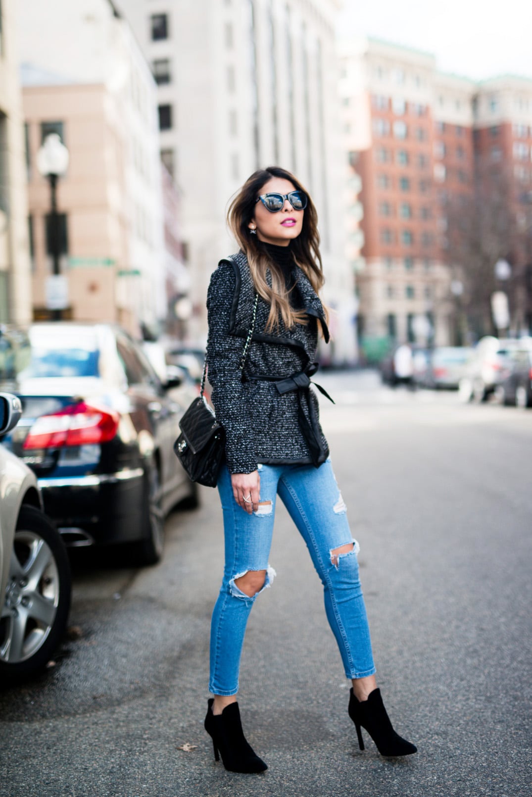 Pam Hetlinger, The Girl From Panama, wearing a Tweed Wrap Coat, Topshop ripped skinny jeans, black booties and a Chanel french riviera flap bag.