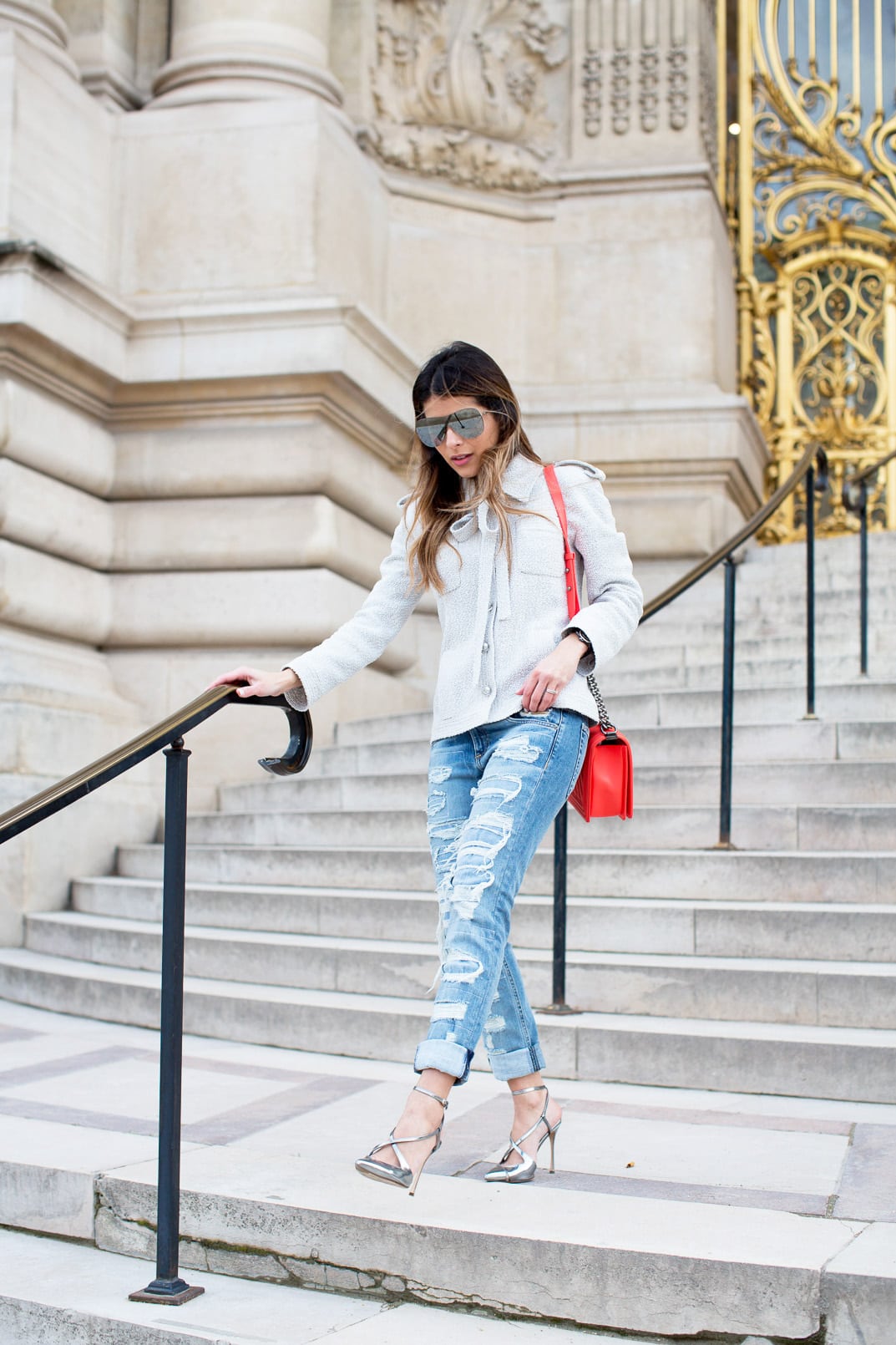 Chanel Jacket, Rag & Bone Ripped Jeans, Chanel Mirrored Sunnies, Chanel Boy Bag, Chanel Fall Winter 2017, Paris Fashion Week