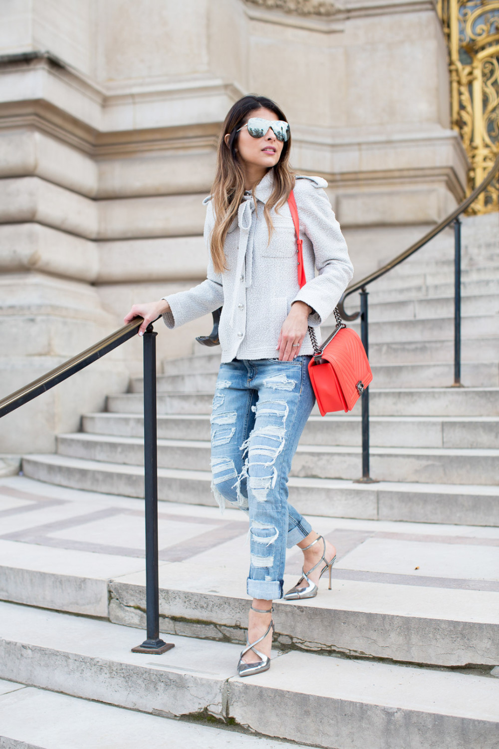 Chanel Jacket, Rag & Bone Ripped Jeans, Chanel Mirrored Sunnies, Chanel ...