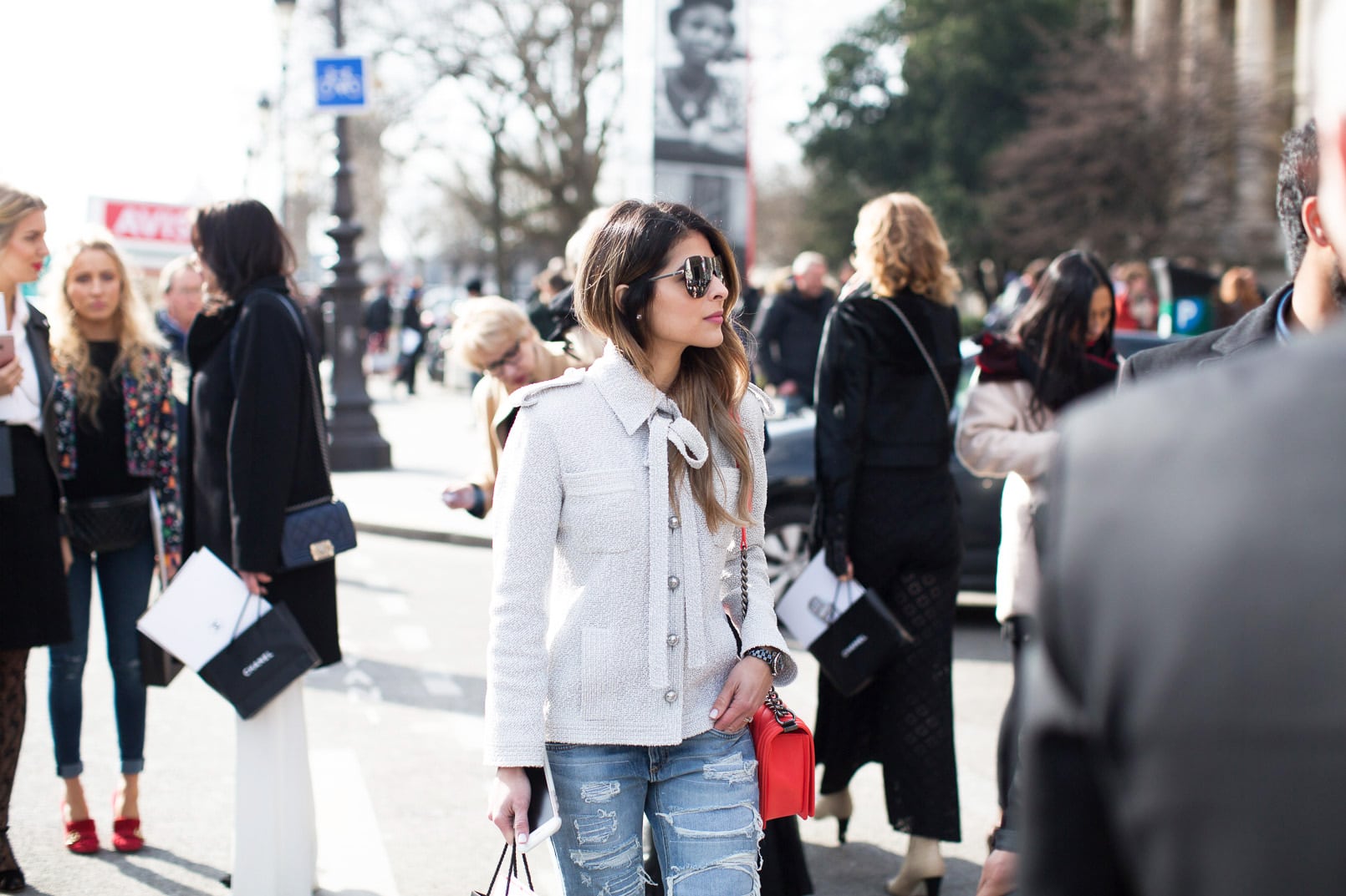 Chanel Jacket, Rag & Bone Ripped Jeans, Chanel Mirrored Sunnies, Chanel Boy Bag, Chanel Fall Winter 2017, Paris Fashion Week