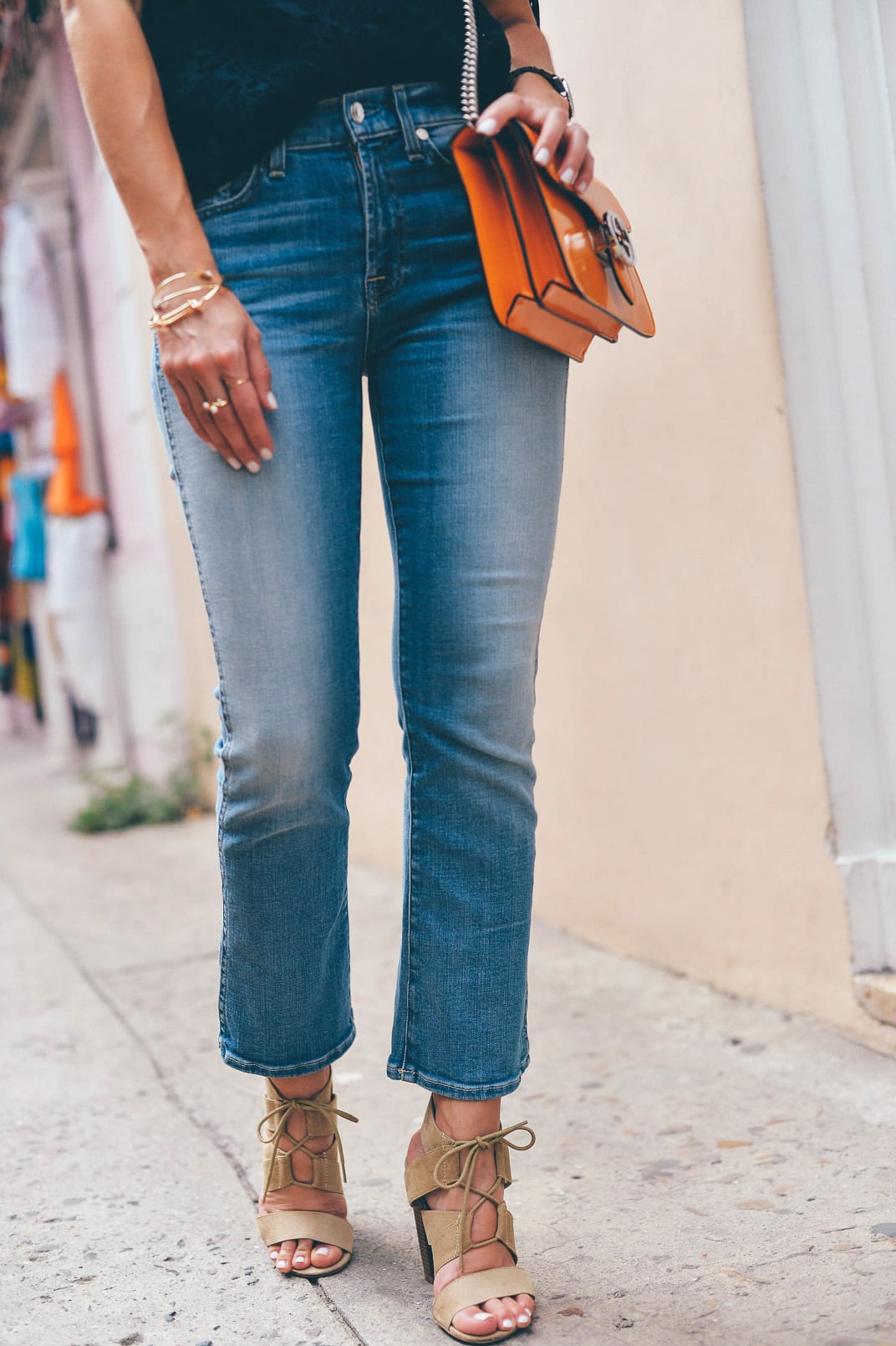 Pam Hetlinger, The Girl From Panama wearing an H&M crochet top, 7 for all mankind cropped jeans, gucci bag, and asos lace-up sandals. Spring Denim.