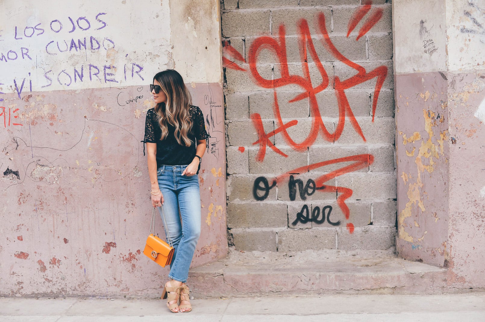 Pam Hetlinger, The Girl From Panama wearing an H&M crochet top, 7 for all mankind cropped jeans, gucci bag, and asos lace-up sandals. Spring Denim.