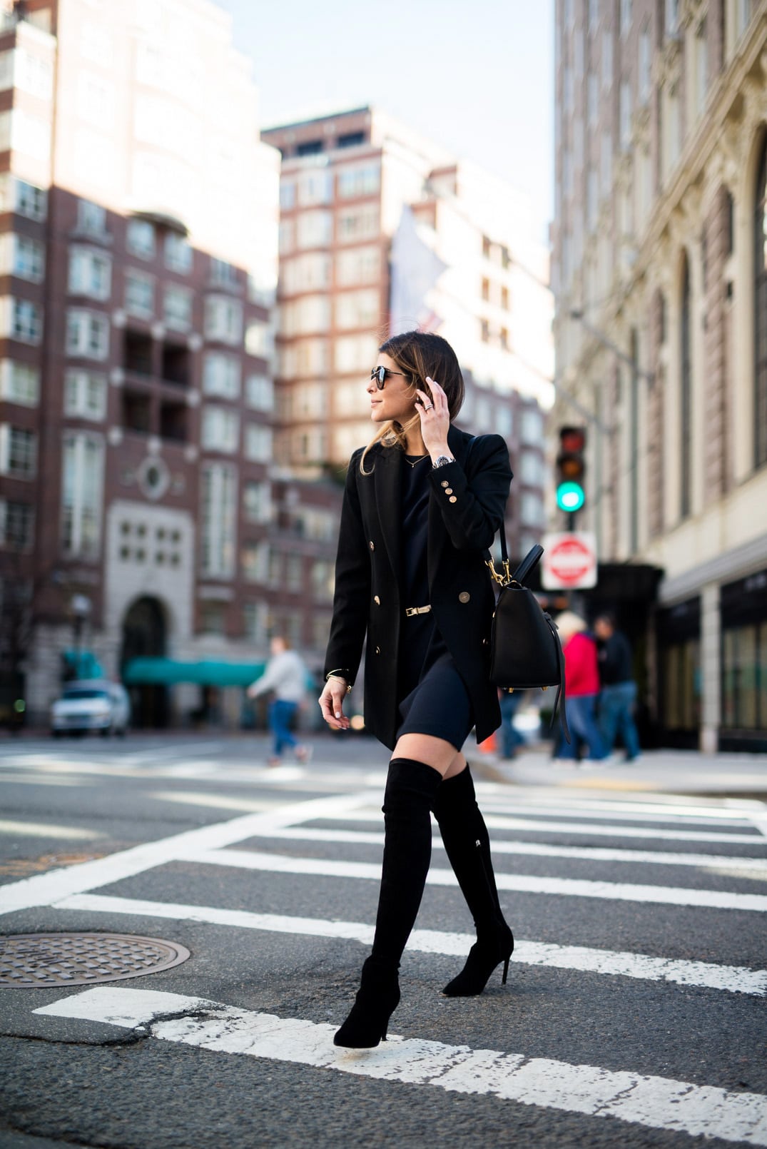 Pam Hetlinger wearing a Nordstrom Dress, Reiss Jacket, Over-the-Knee Boots, Celine Belt Bag, and Prada Sunglasses.