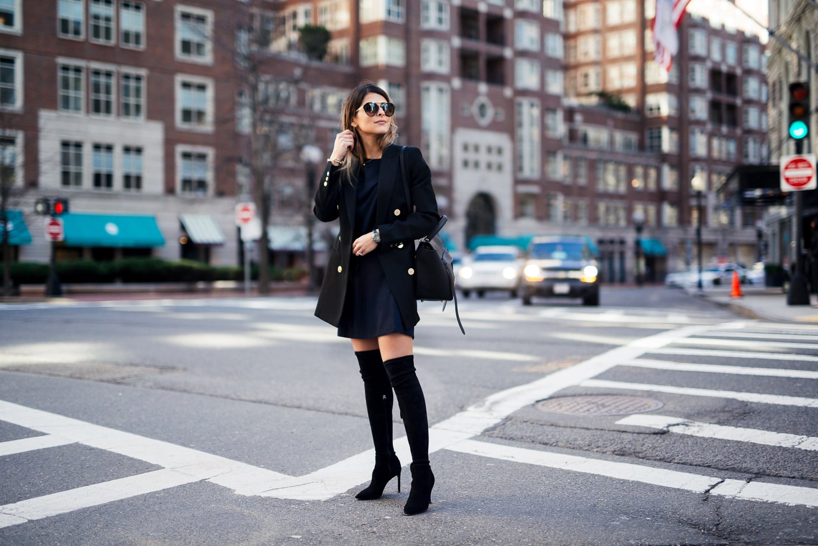 Pam Hetlinger wearing a Nordstrom Dress, Reiss Jacket, Over-the-Knee Boots, Celine Belt Bag, and Prada Sunglasses.