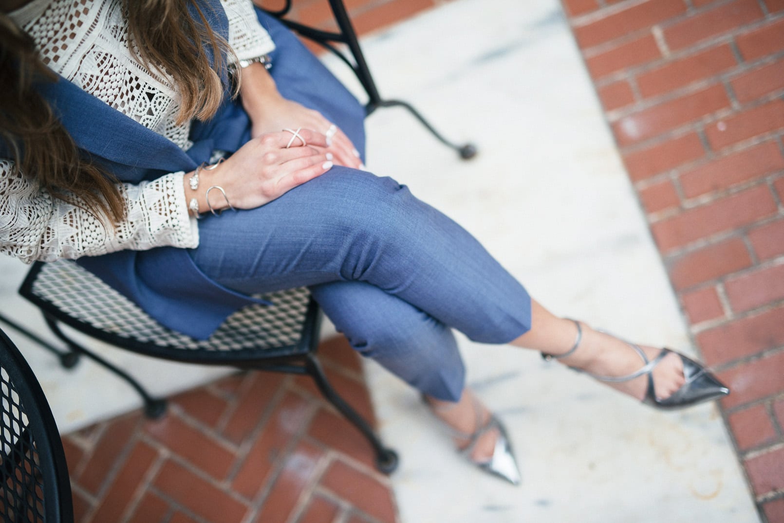 Pam Hetlinger, The Girl From Panama wearing a Banana Republic Chambray Lightweight Wool Crop Pants, Banana Republic Chambray Lightweight Wool Vest, Mango Crochet Top, Sergio Rossi Pumps, and Mac Velvetease Lip Pencil