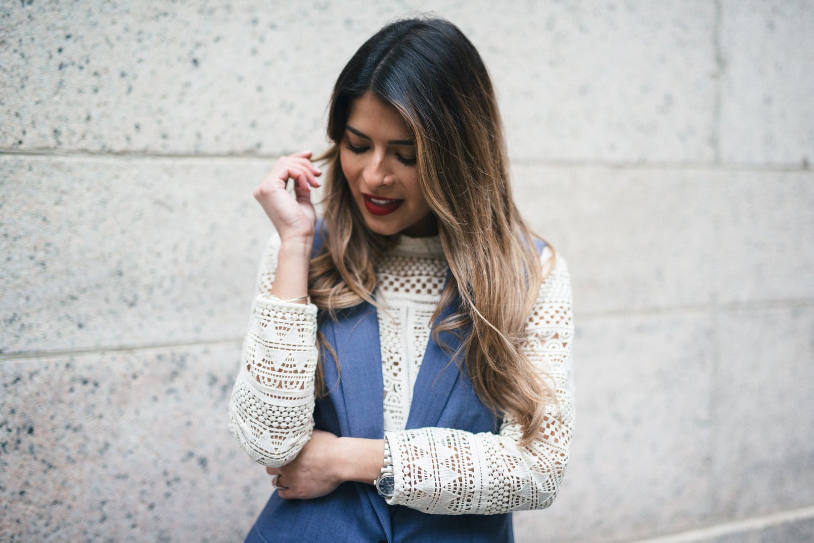 Pam Hetlinger, The Girl From Panama wearing a Banana Republic Chambray Lightweight Wool Crop Pants, Banana Republic Chambray Lightweight Wool Vest, Mango Crochet Top, Sergio Rossi Pumps, and Mac Velvetease Lip Pencil